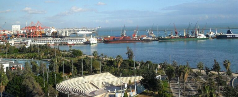 The port and waterfront of Mersin with container cranes and ships