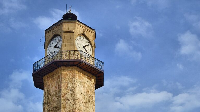 The clock tower in Tarsus, Mersin province, against the sky